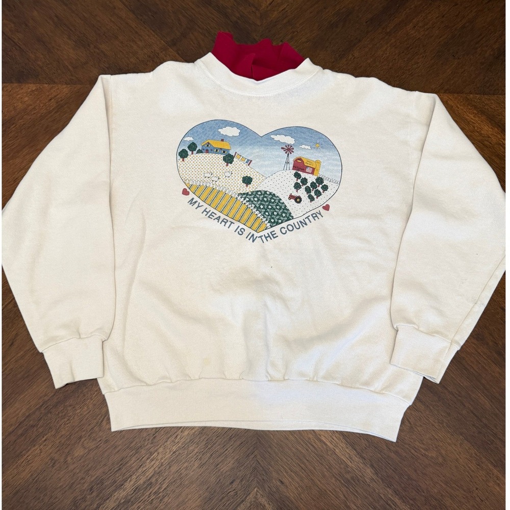 Vintage Tultex My Heart is in the Country Sweatshirt Cream Red Collar Large‎